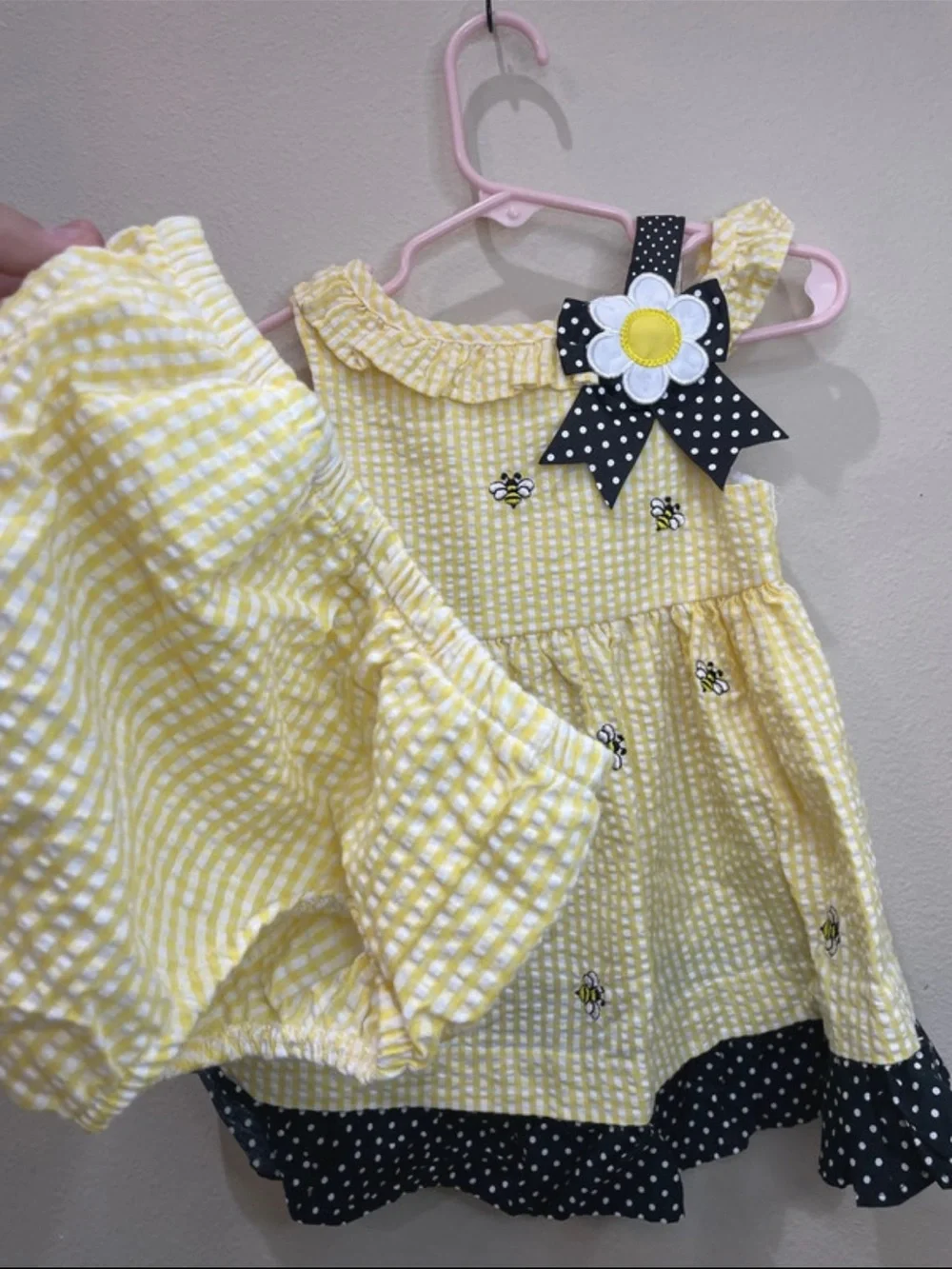 Girls Yellow Gingham Bee Dress with Navy Polka Dot Trim